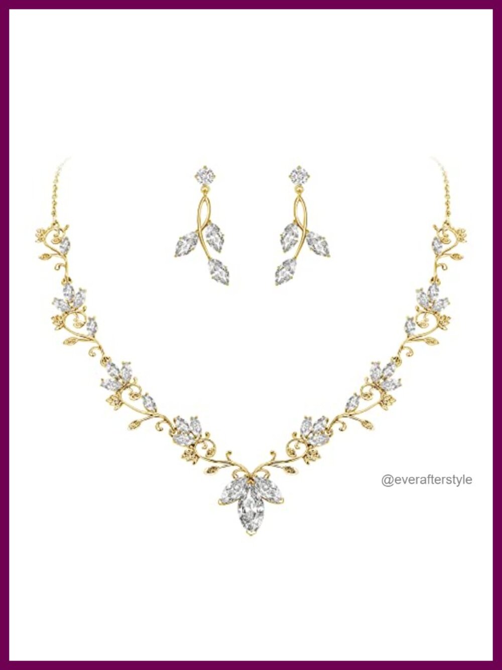 CZ Teardrop Flower Leaf Filigree Necklace Earrings Set Brass Wedding Jewelry
